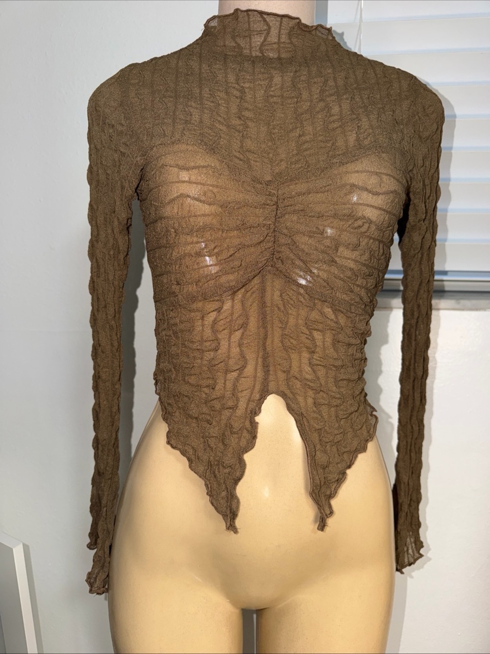 Windsor Tops Textured Split Crop Top Sheer Brown Size S Women's Shirts